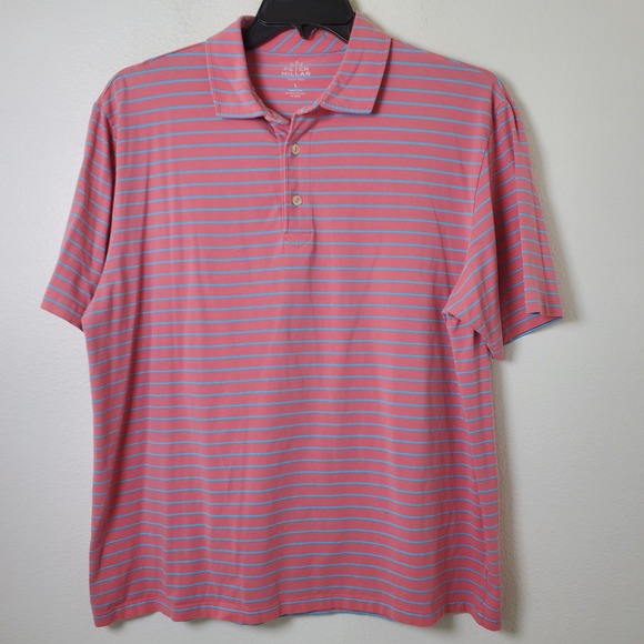 Peter Millar Coral & Blue Stripe Short Sleeve Performance Golf Polo Shirt Size L - Picture 12 of 12